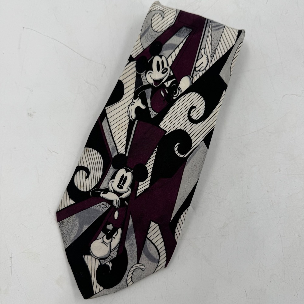 Disney Store Mickey Mouse Silk Necktie Burgundy‎ Black Gray Abstract Pattern
